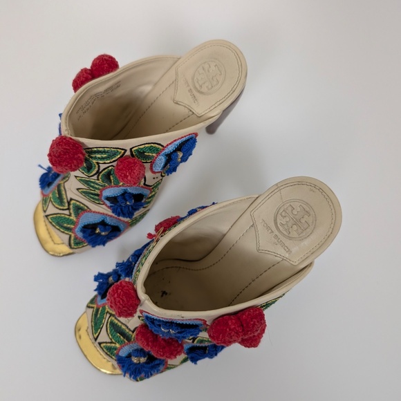 Tory Burch Multicolor Leather and Embroidered Fabric Pom Pom Open Toe Mules - Picture 6 of 11